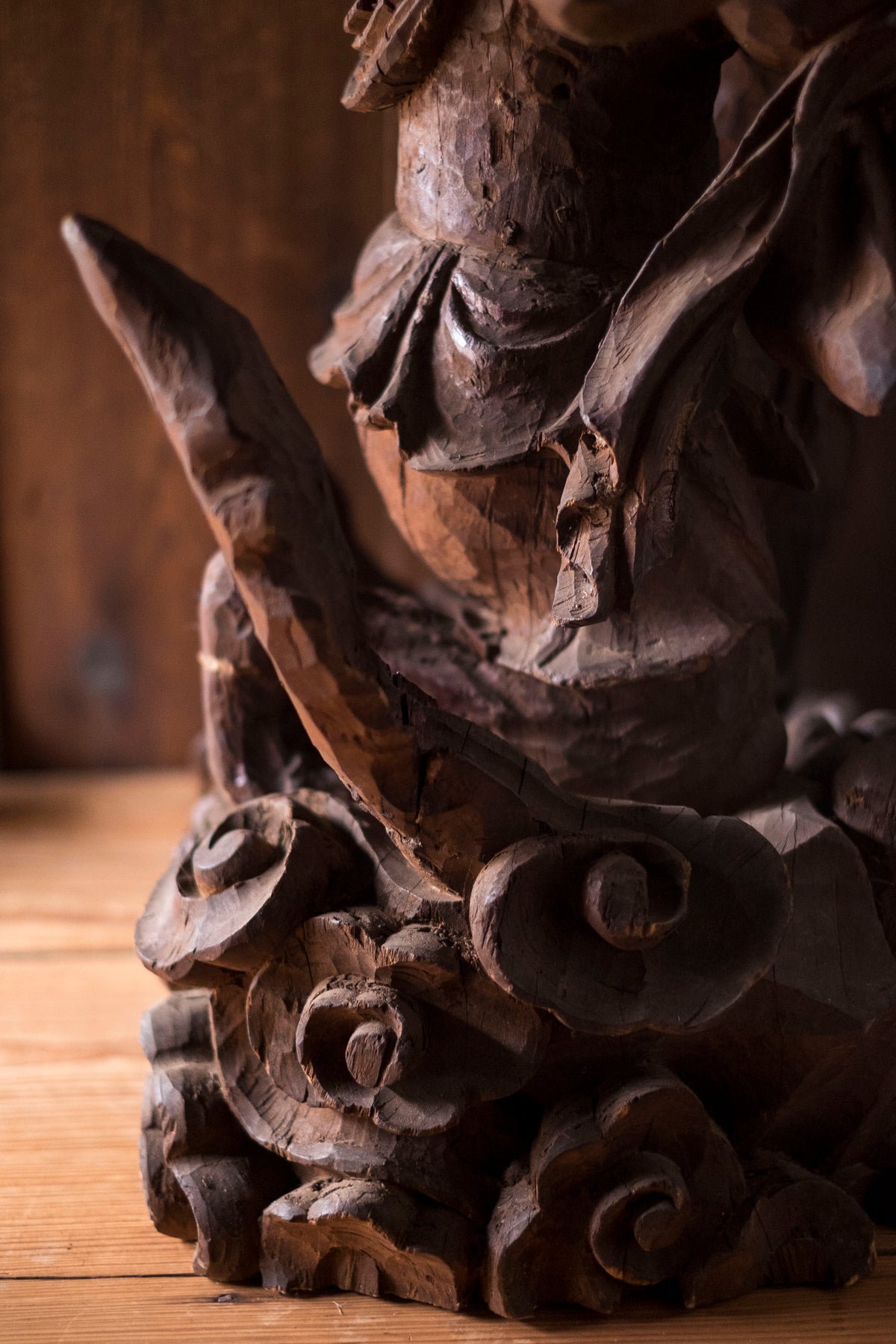 Large Massive Antique Japanese Wooden Fujin Raijin Buddha Statues | Wind & Thunder Gods | Large Hand-Carved Buddhist Temple Sculptures