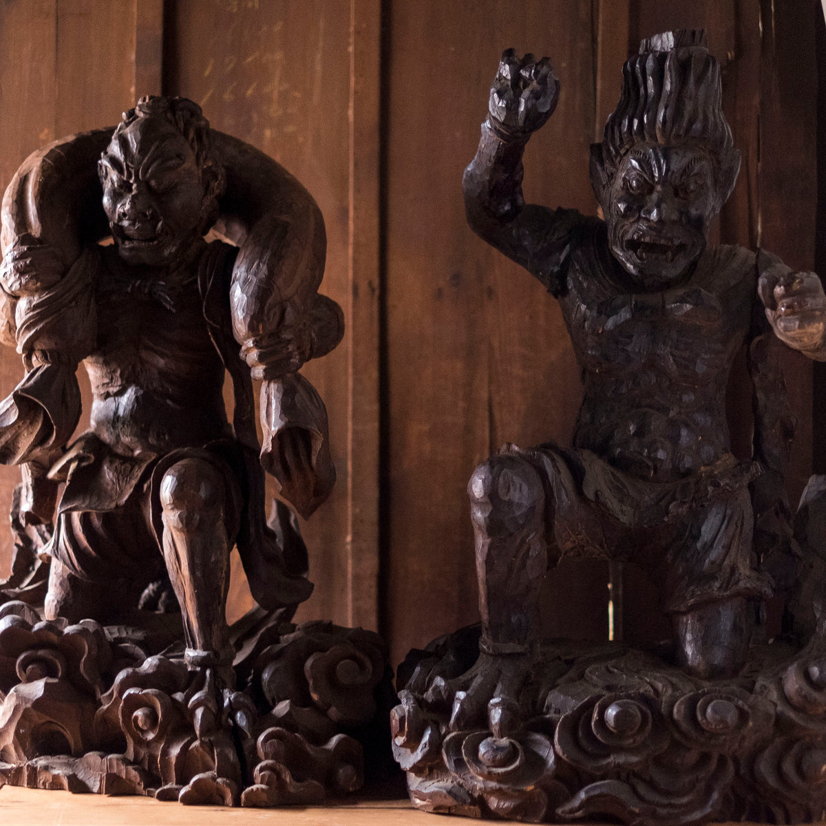Large Massive Antique Japanese Wooden Fujin Raijin Buddha Statues | Wind & Thunder Gods | Large Hand-Carved Buddhist Temple Sculptures