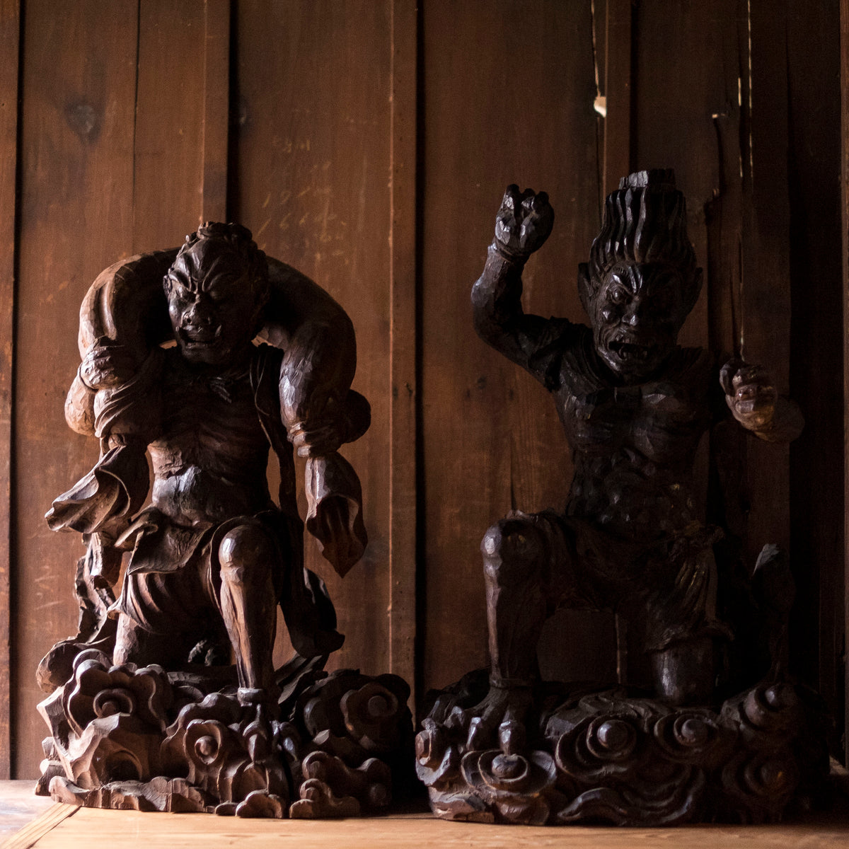 Large Massive Antique Japanese Wooden Fujin Raijin Buddha Statues | Wind & Thunder Gods | Large Hand-Carved Buddhist Temple Sculptures