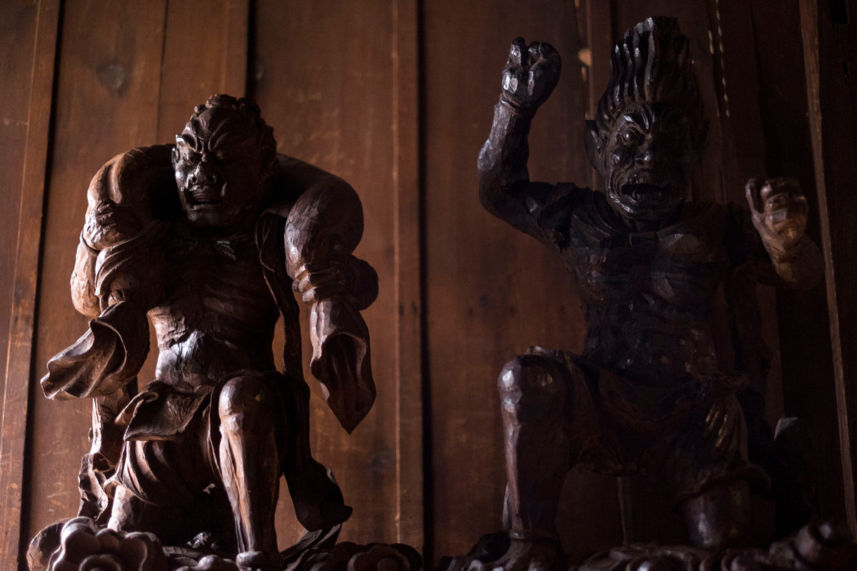 Large Massive Antique Japanese Wooden Fujin Raijin Buddha Statues | Wind & Thunder Gods | Large Hand-Carved Buddhist Temple Sculptures
