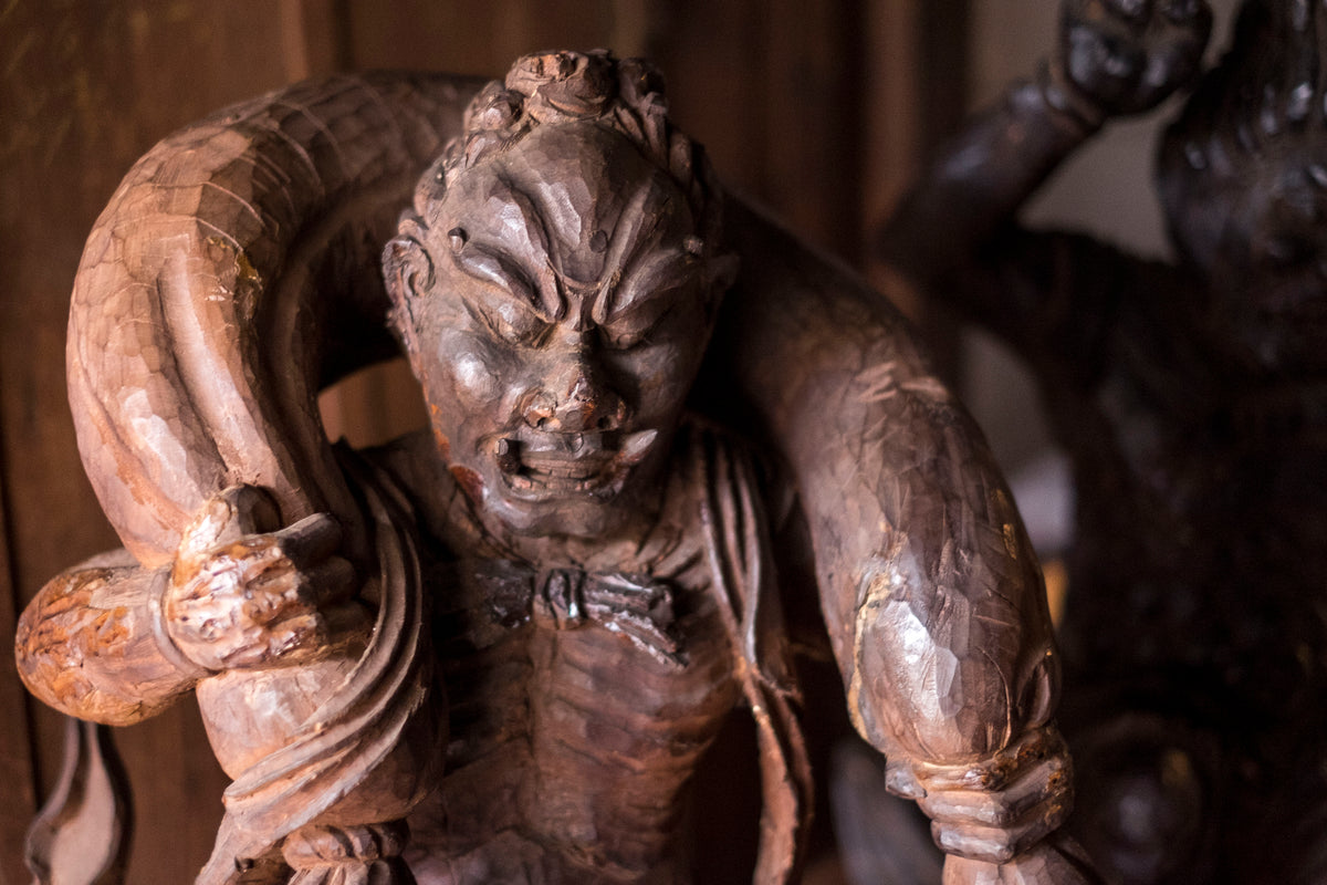 Large Massive Antique Japanese Wooden Fujin Raijin Buddha Statues | Wind & Thunder Gods | Large Hand-Carved Buddhist Temple Sculptures