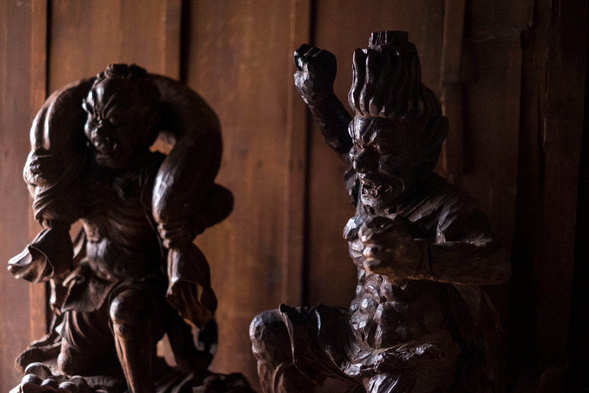 Large Massive Antique Japanese Wooden Fujin Raijin Buddha Statues | Wind & Thunder Gods | Large Hand-Carved Buddhist Temple Sculptures