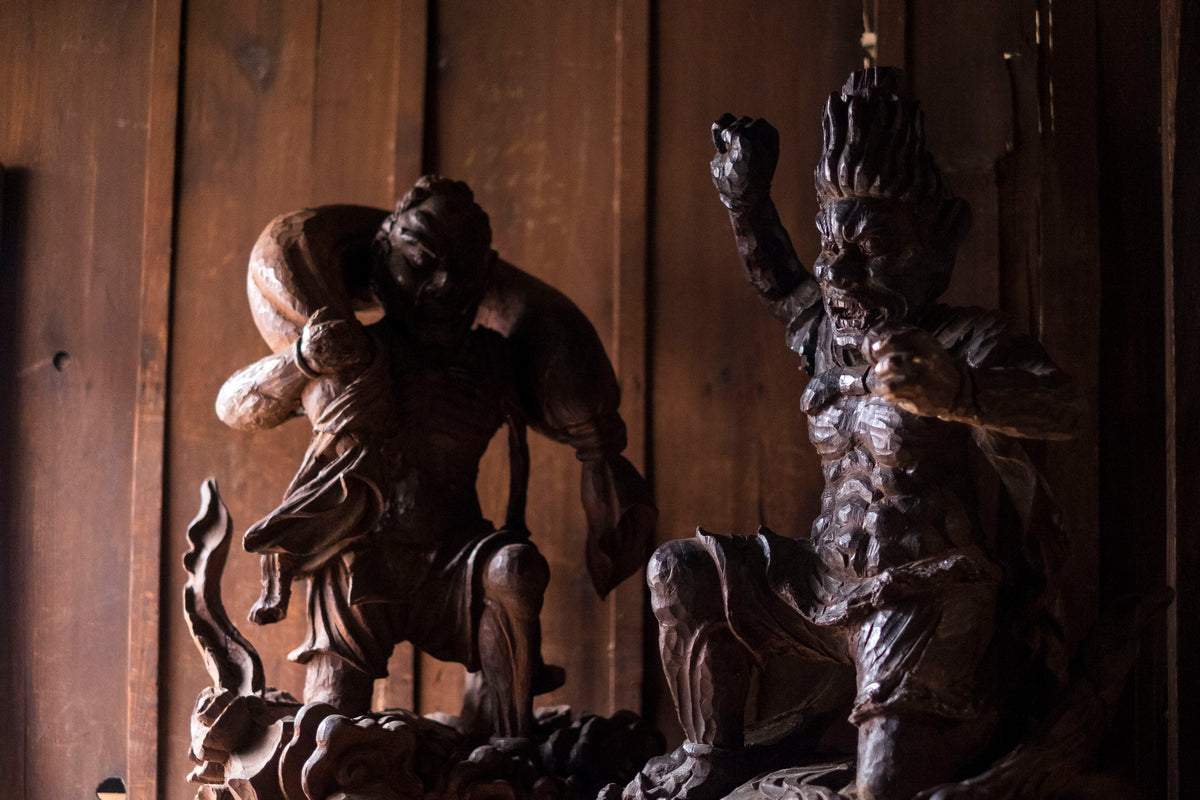 Large Massive Antique Japanese Wooden Fujin Raijin Buddha Statues | Wind & Thunder Gods | Large Hand-Carved Buddhist Temple Sculptures