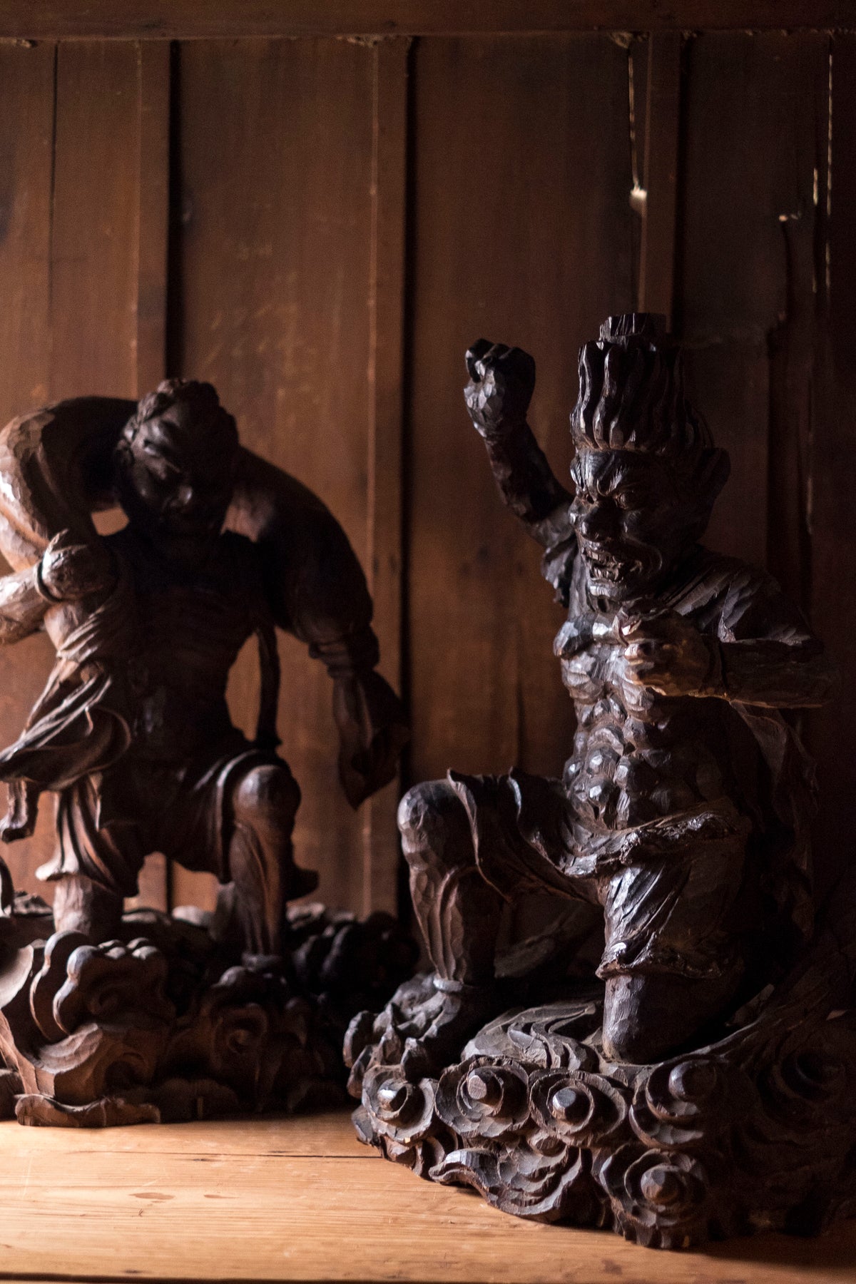 Large Massive Antique Japanese Wooden Fujin Raijin Buddha Statues | Wind & Thunder Gods | Large Hand-Carved Buddhist Temple Sculptures