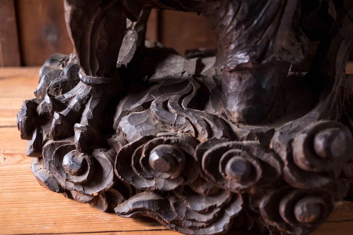 Large Massive Antique Japanese Wooden Fujin Raijin Buddha Statues | Wind & Thunder Gods | Large Hand-Carved Buddhist Temple Sculptures