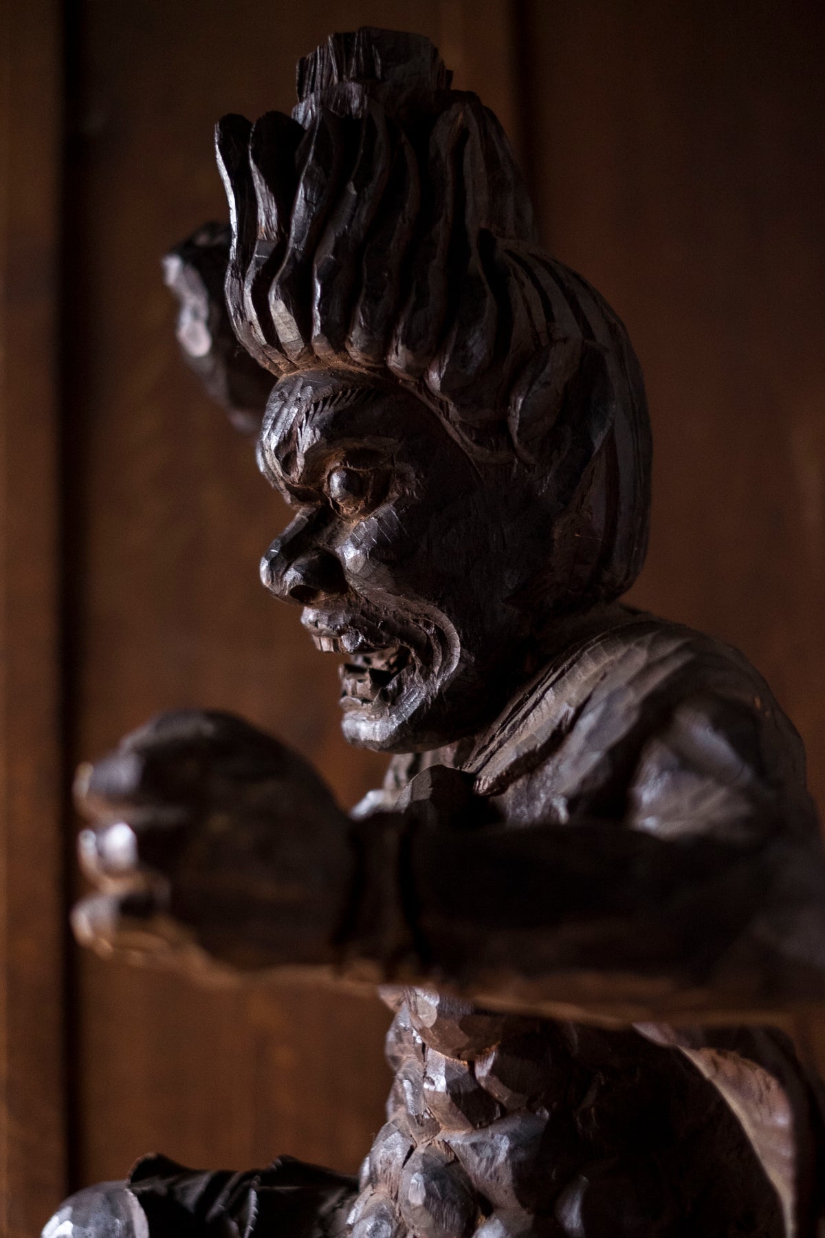 Large Massive Antique Japanese Wooden Fujin Raijin Buddha Statues | Wind & Thunder Gods | Large Hand-Carved Buddhist Temple Sculptures