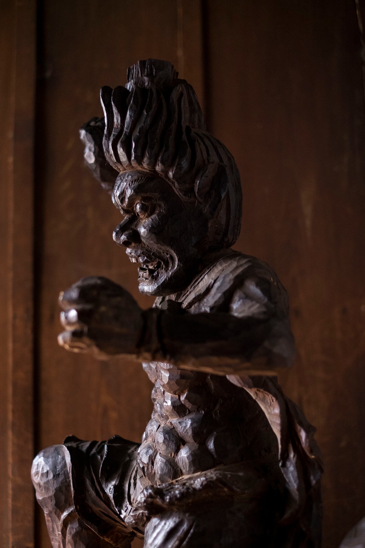 Large Massive Antique Japanese Wooden Fujin Raijin Buddha Statues | Wind & Thunder Gods | Large Hand-Carved Buddhist Temple Sculptures