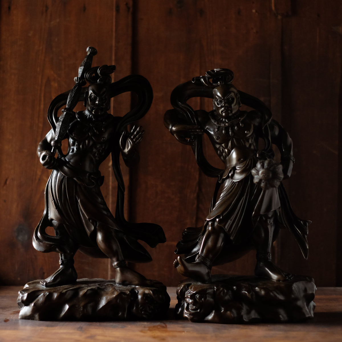 Japanese Bronze Nio Guardian Statues Pair, Agyo Ungyo Kongo Rikishi Buddhist Temple Sculpture, Vintage Protective Deity Art