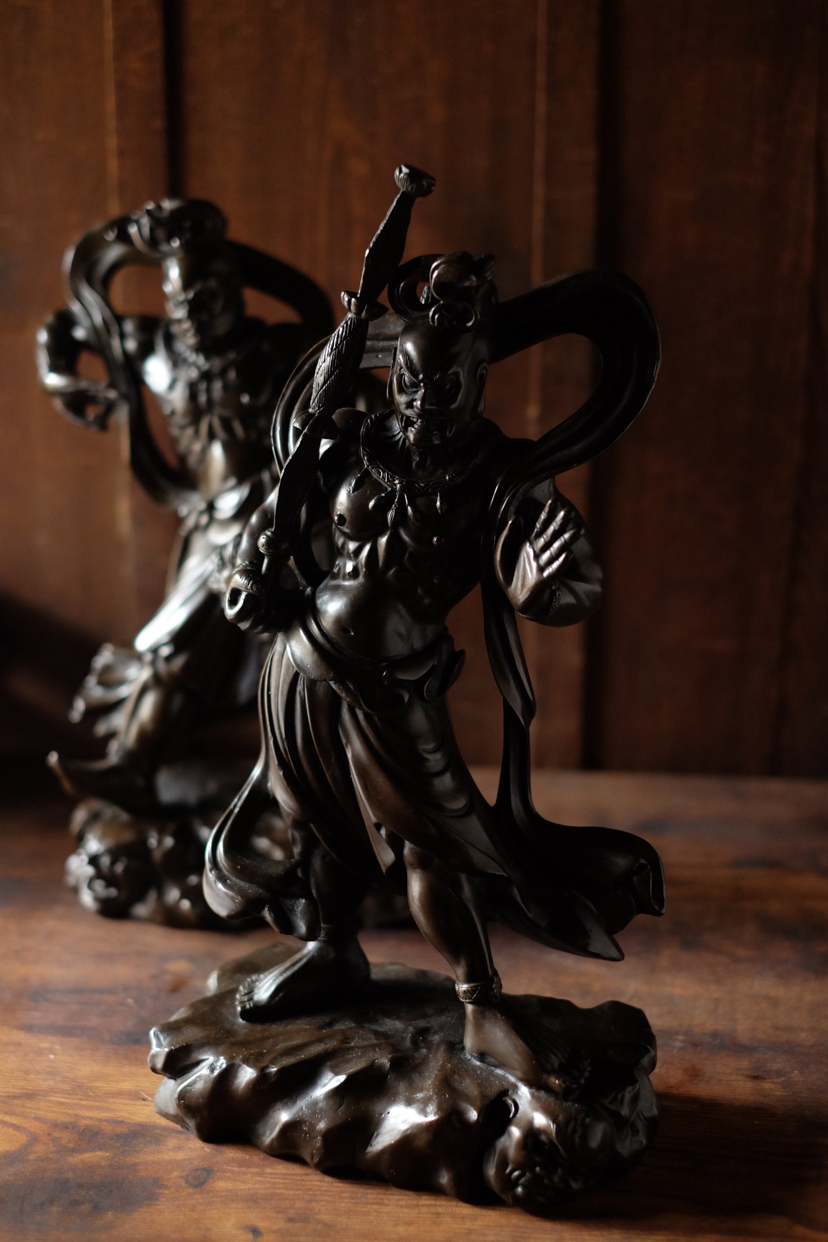 Japanese Bronze Nio Guardian Statues Pair, Agyo Ungyo Kongo Rikishi Buddhist Temple Sculpture, Vintage Protective Deity Art