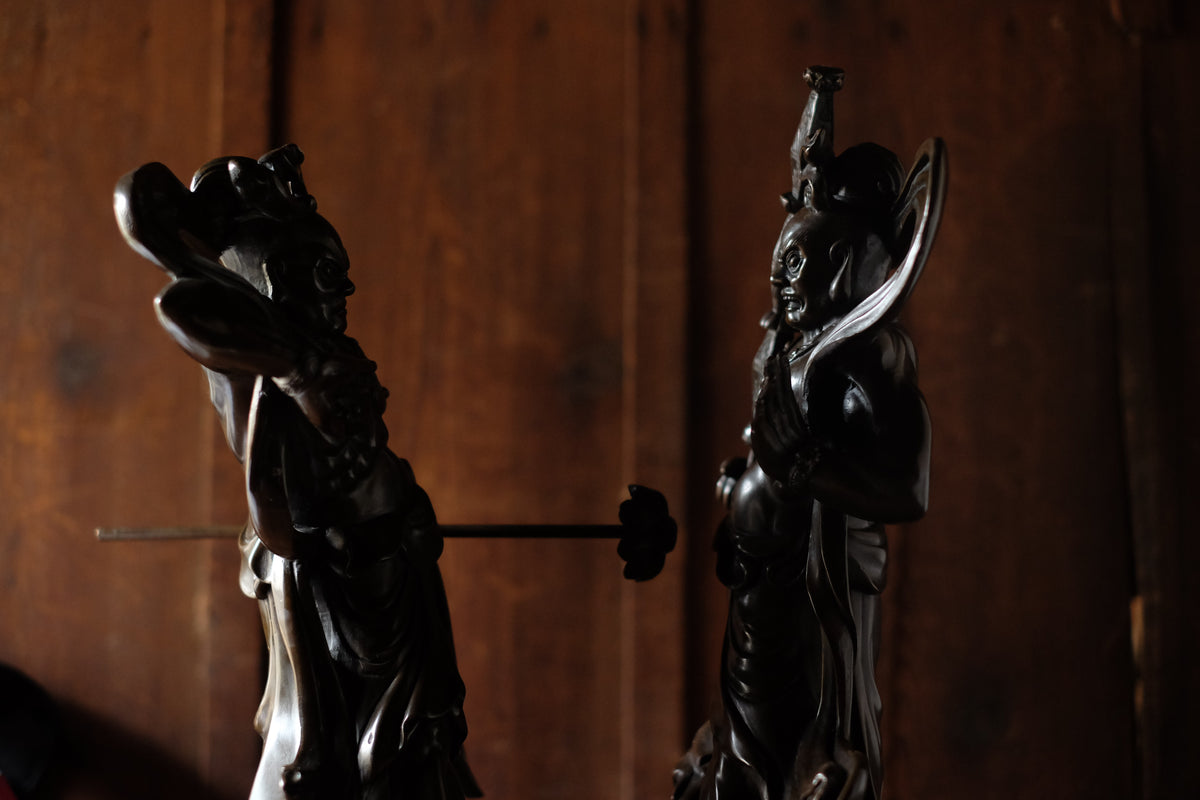 Japanese Bronze Nio Guardian Statues Pair, Agyo Ungyo Kongo Rikishi Buddhist Temple Sculpture, Vintage Protective Deity Art