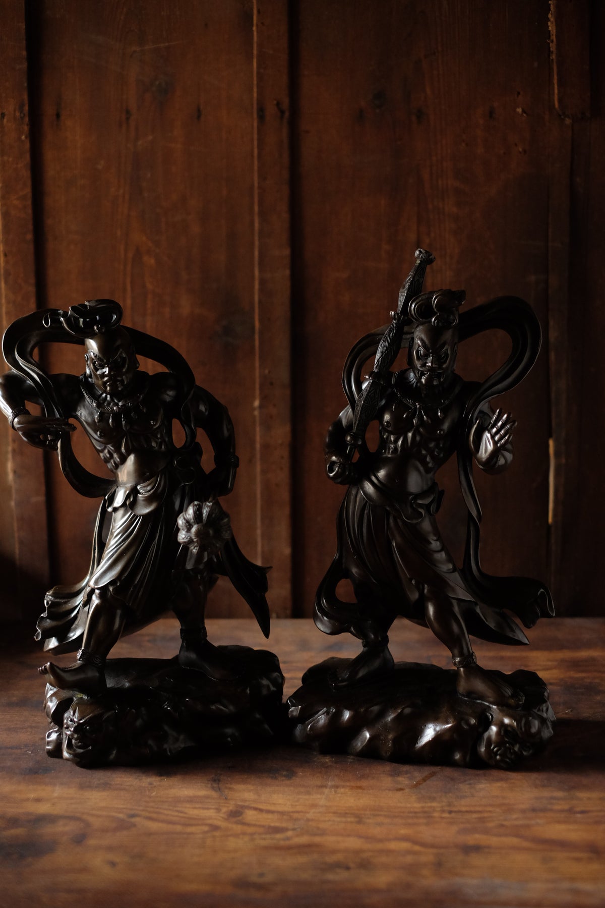 Japanese Bronze Nio Guardian Statues Pair, Agyo Ungyo Kongo Rikishi Buddhist Temple Sculpture, Vintage Protective Deity Art
