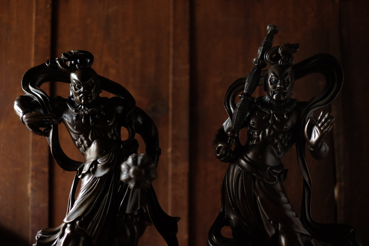 Japanese Bronze Nio Guardian Statues Pair, Agyo Ungyo Kongo Rikishi Buddhist Temple Sculpture, Vintage Protective Deity Art