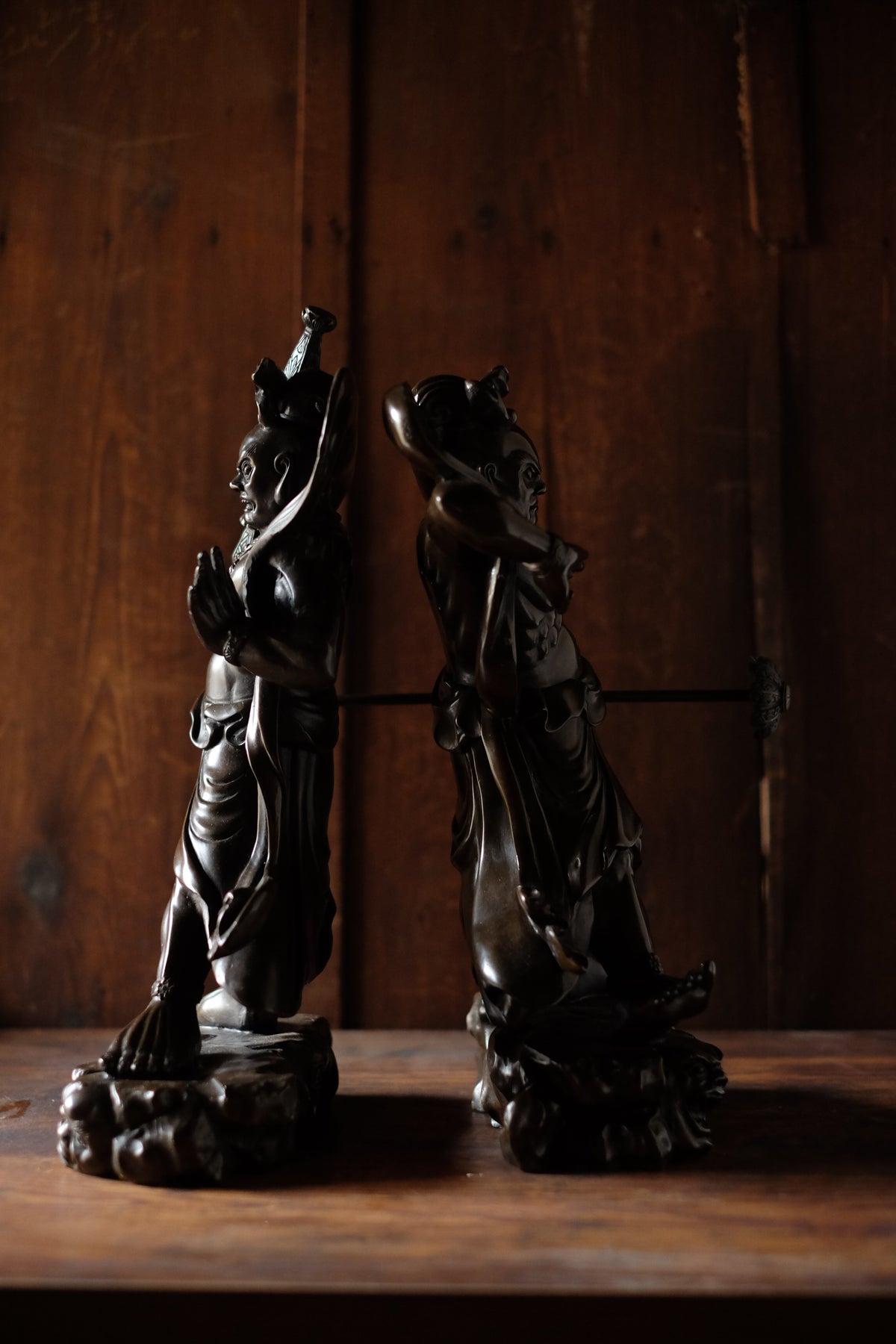 Japanese Bronze Nio Guardian Statues Pair, Agyo Ungyo Kongo Rikishi Buddhist Temple Sculpture, Vintage Protective Deity Art