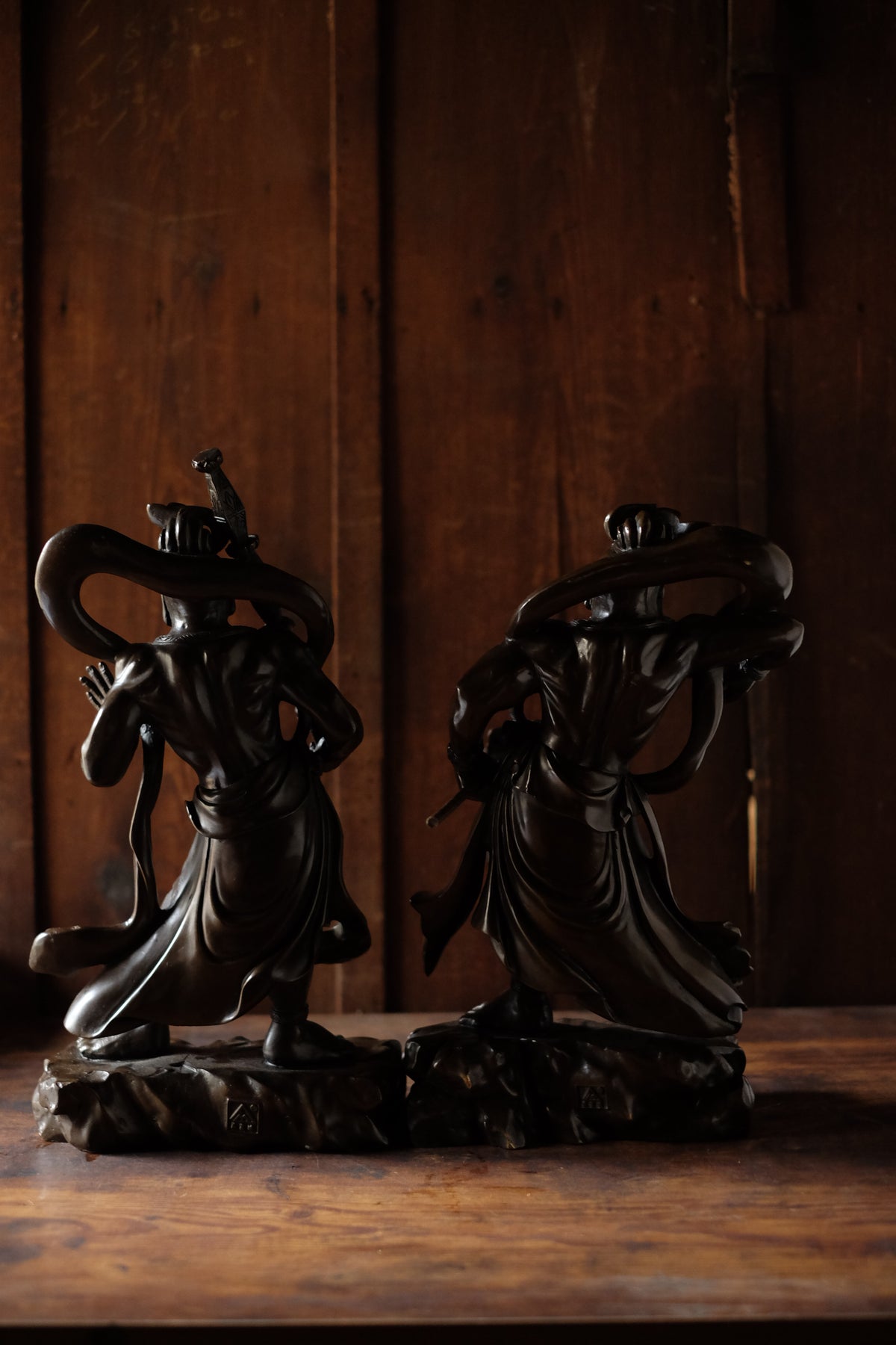 Japanese Bronze Nio Guardian Statues Pair, Agyo Ungyo Kongo Rikishi Buddhist Temple Sculpture, Vintage Protective Deity Art