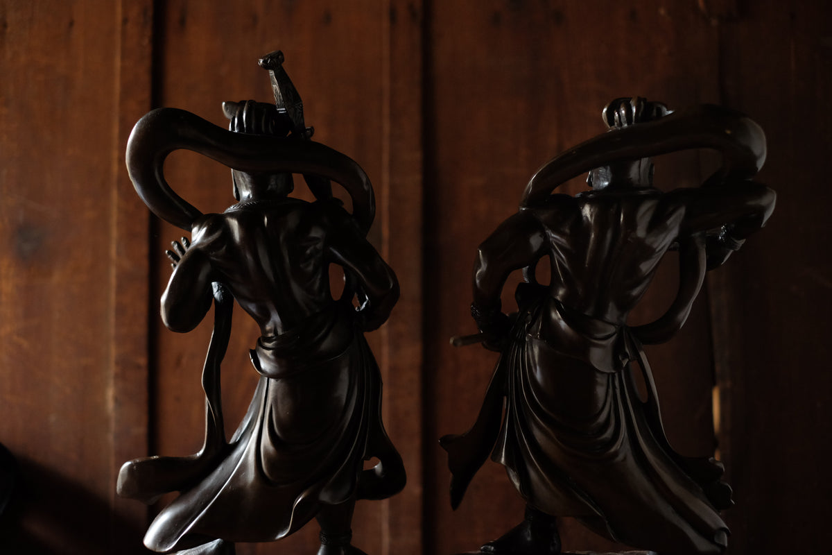 Japanese Bronze Nio Guardian Statues Pair, Agyo Ungyo Kongo Rikishi Buddhist Temple Sculpture, Vintage Protective Deity Art