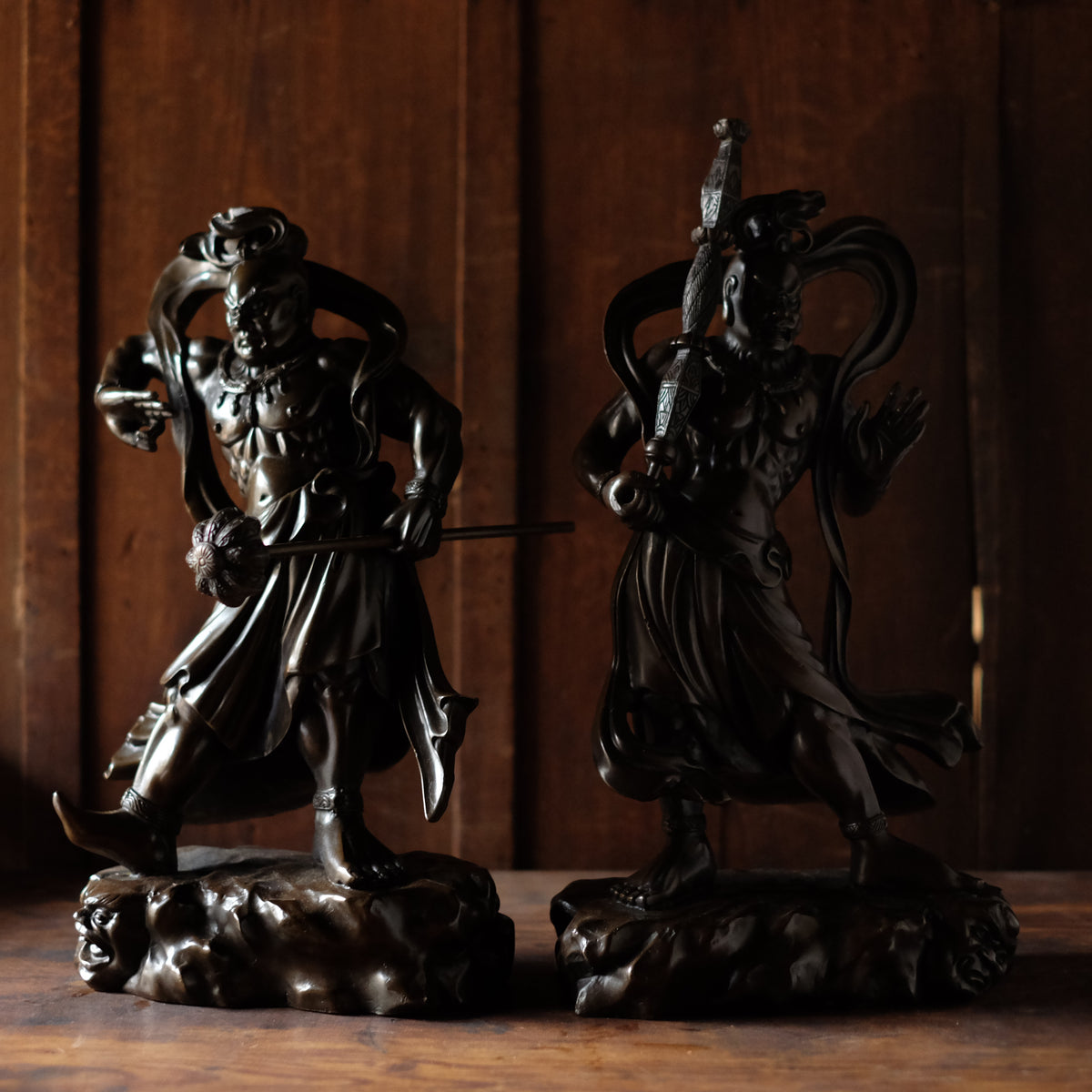 Japanese Bronze Nio Guardian Statues Pair, Agyo Ungyo Kongo Rikishi Buddhist Temple Sculpture, Vintage Protective Deity Art