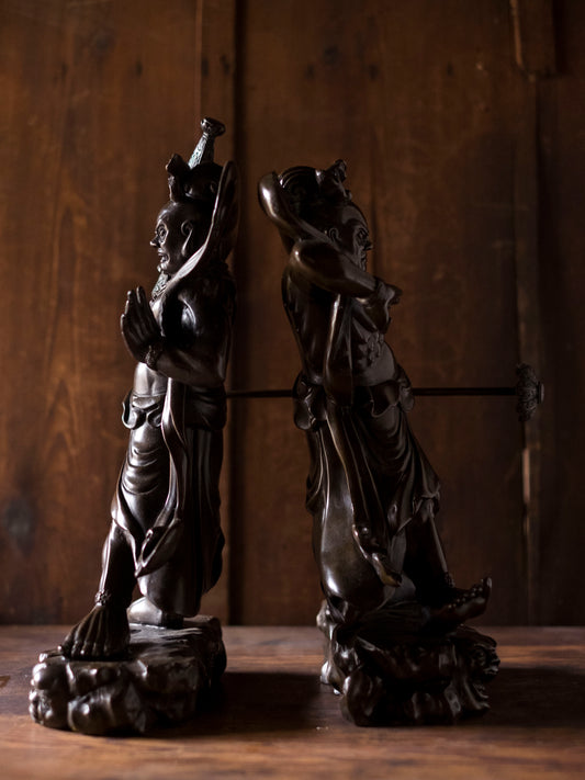 Bronze Nio Guardian Kings Pair, Agyo and Ungyo Buddhist Protector Statues, Japanese, 32 cm Each