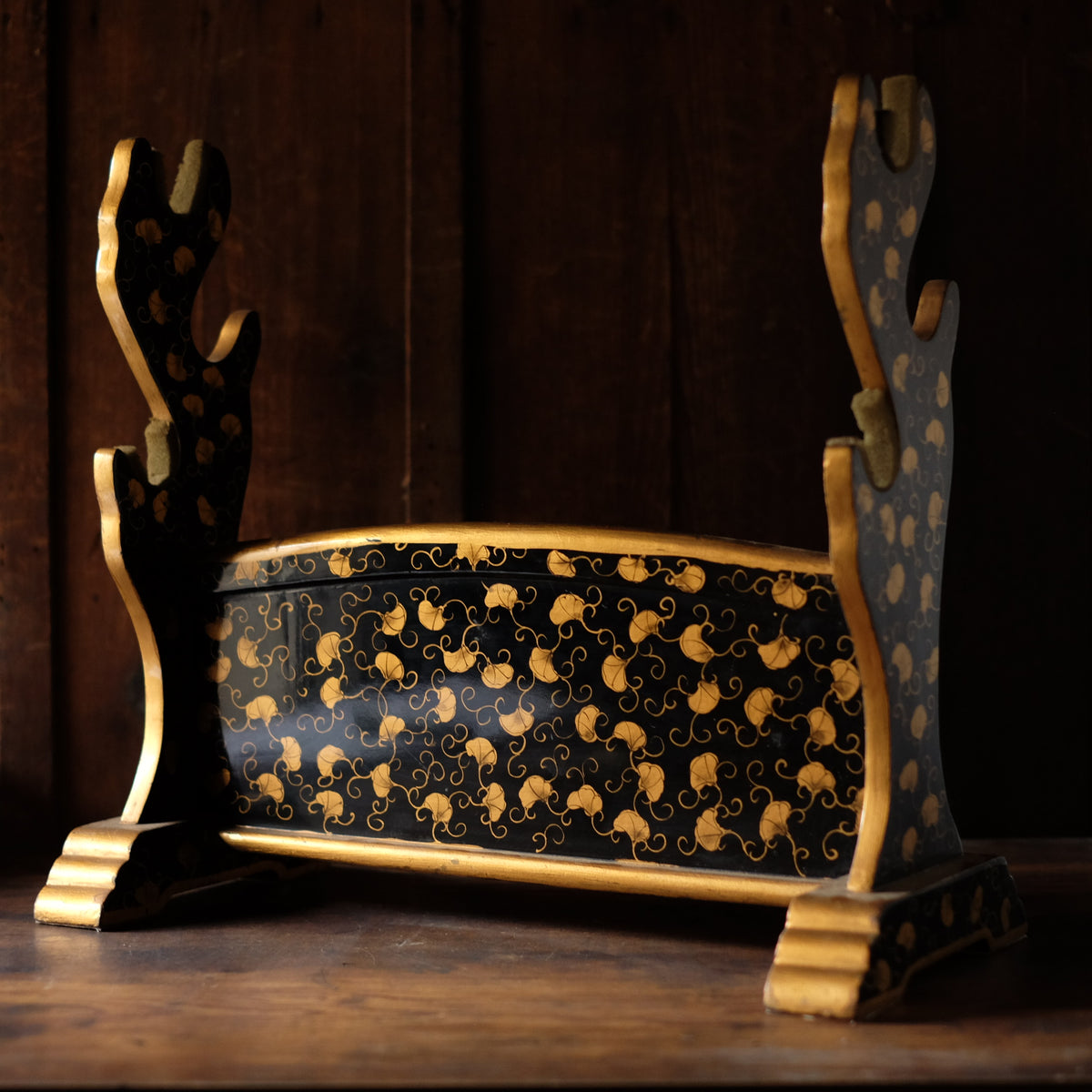 Edo-Period Black Japanese Katana-Kake with Gold Maki-e Lacquer, Samurai Sword Stand Rack
