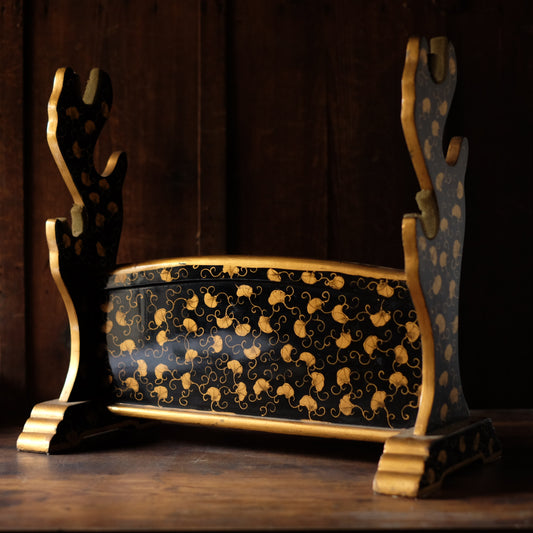 Edo-Period Black Japanese Katana-Kake with Gold Maki-e Lacquer, Samurai Sword Stand Rack