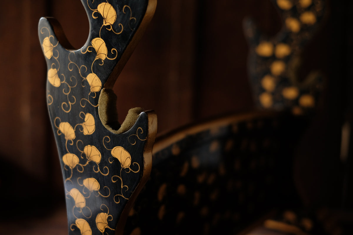 Edo-Period Black Japanese Katana-Kake with Gold Maki-e Lacquer, Samurai Sword Stand Rack