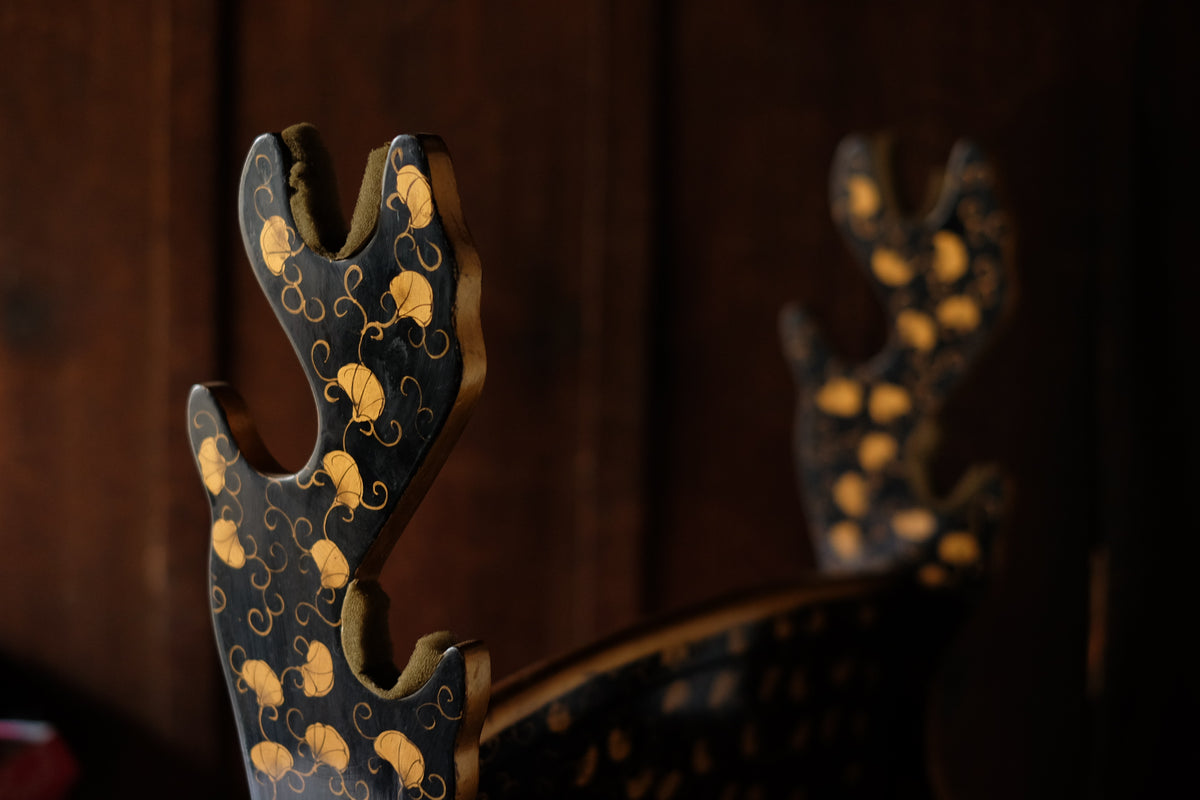 Edo-Period Black Japanese Katana-Kake with Gold Maki-e Lacquer, Samurai Sword Stand Rack