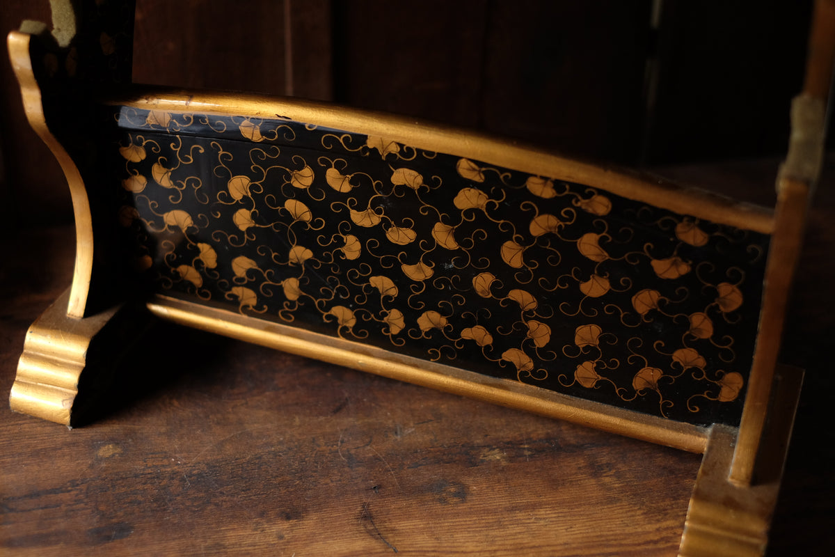 Edo-Period Black Japanese Katana-Kake with Gold Maki-e Lacquer, Samurai Sword Stand Rack