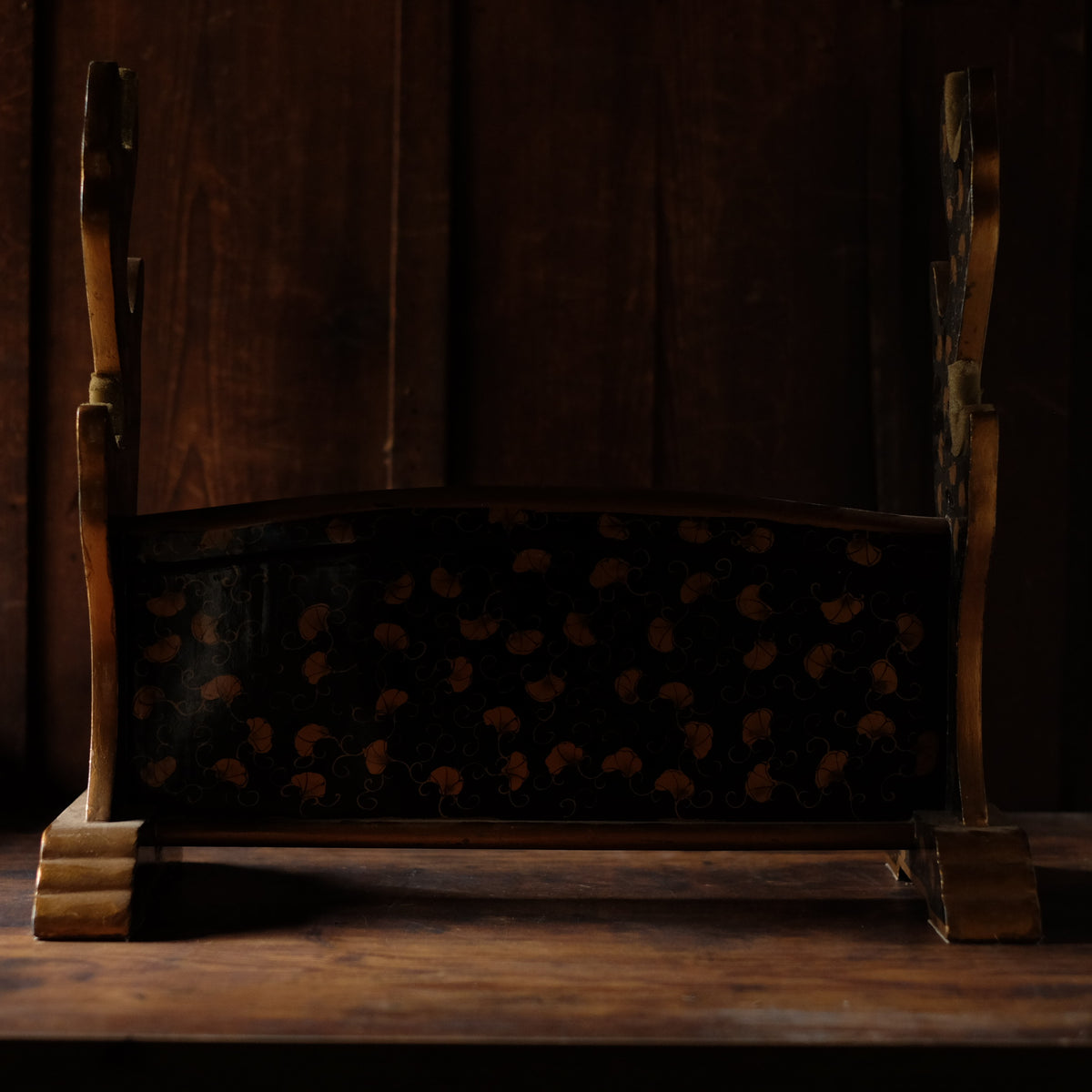 Edo-Period Black Japanese Katana-Kake with Gold Maki-e Lacquer, Samurai Sword Stand Rack