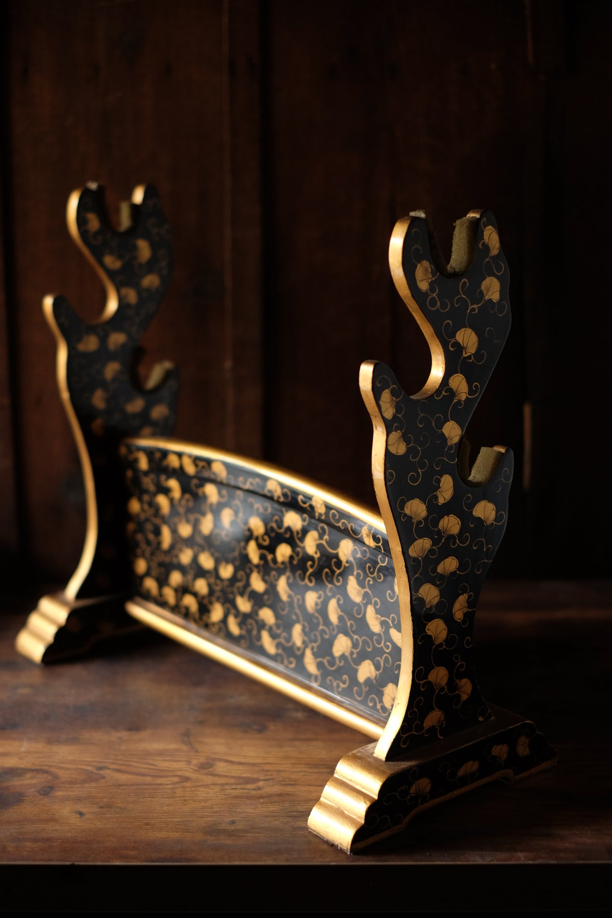 Edo-Period Black Japanese Katana-Kake with Gold Maki-e Lacquer, Samurai Sword Stand Rack