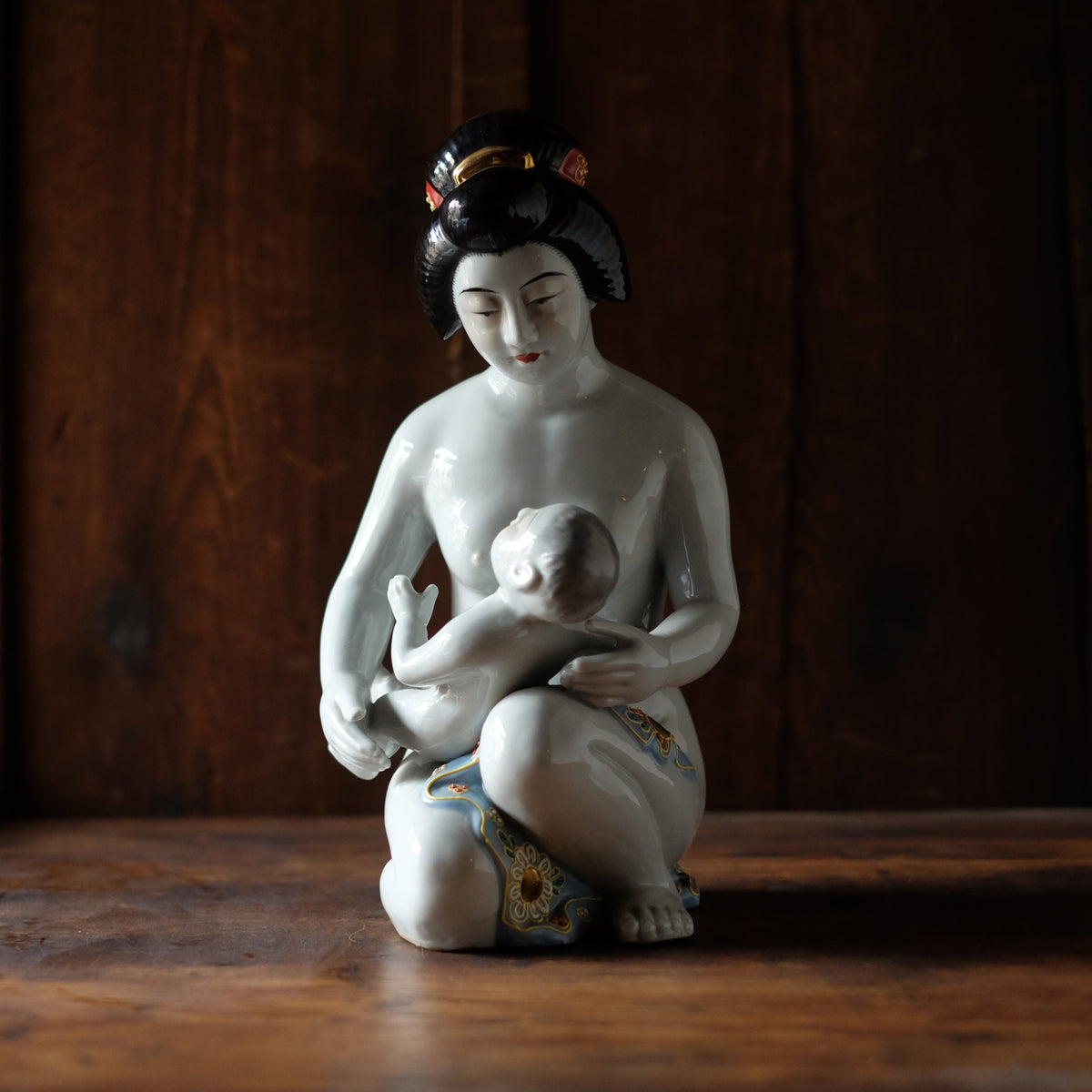 Vintage Japanese Kutani Bijin Mother and Child Porcelain Okimono | Nursing Mother Figurine