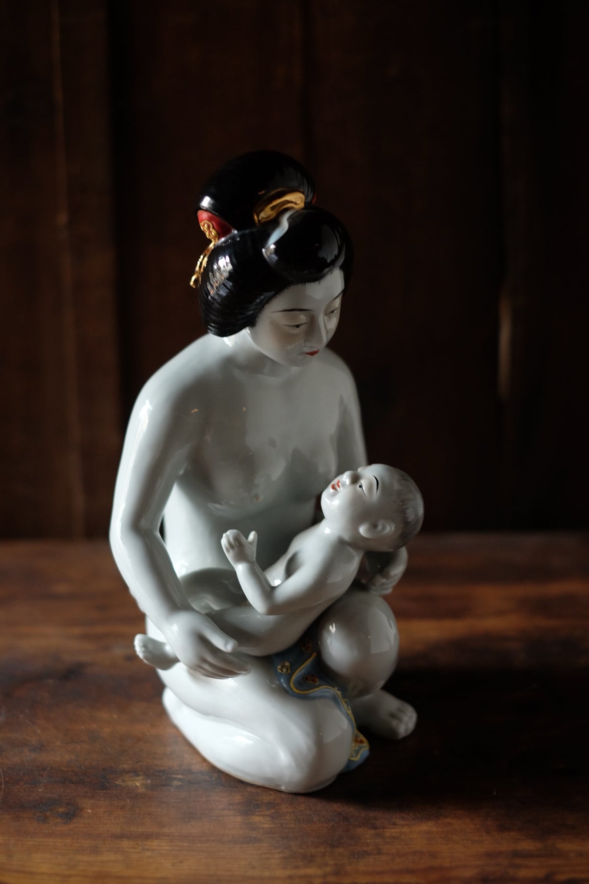 Vintage Japanese Kutani Bijin Mother and Child Porcelain Okimono | Nursing Mother Figurine