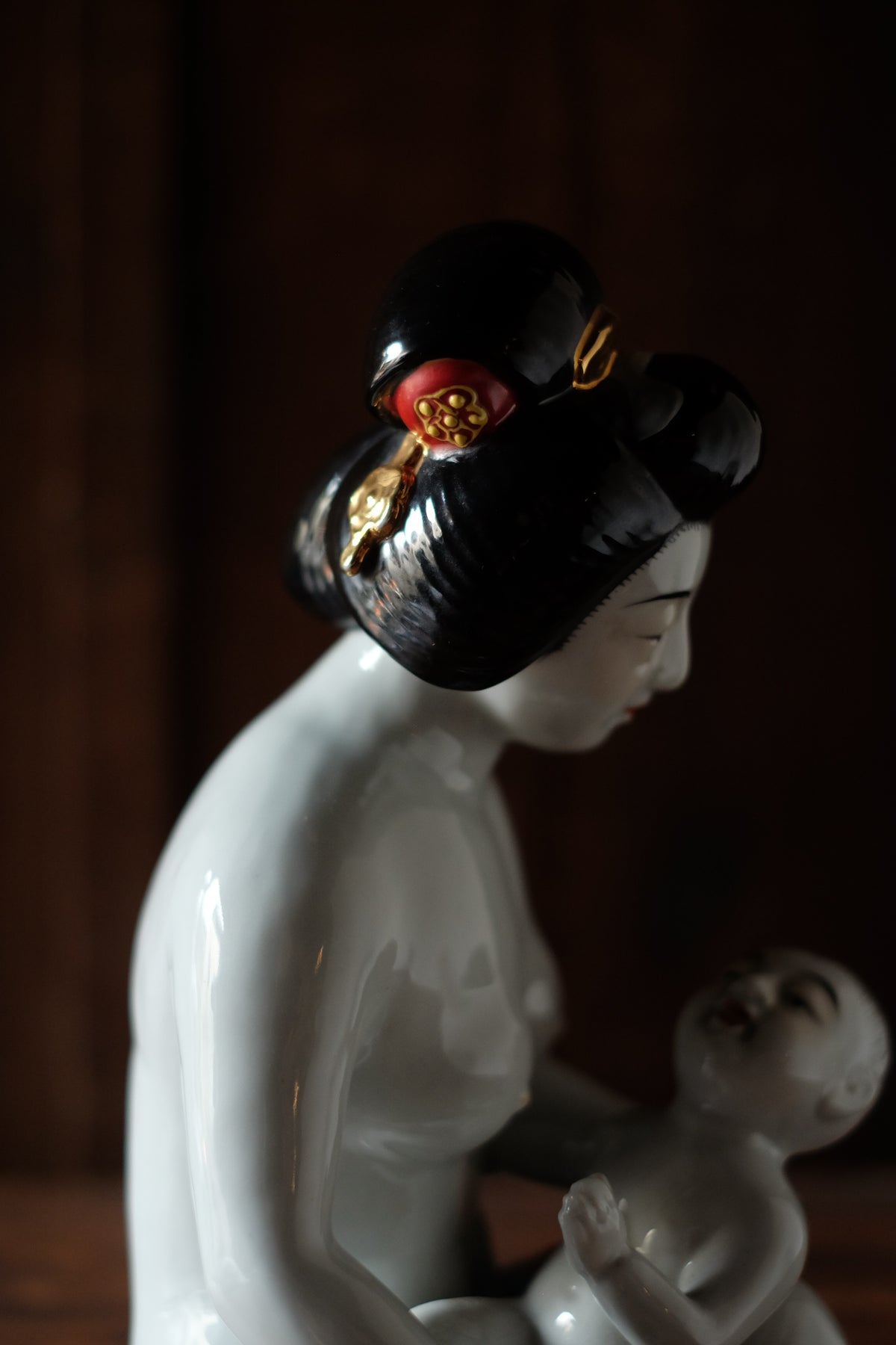 Vintage Japanese Kutani Bijin Mother and Child Porcelain Okimono | Nursing Mother Figurine
