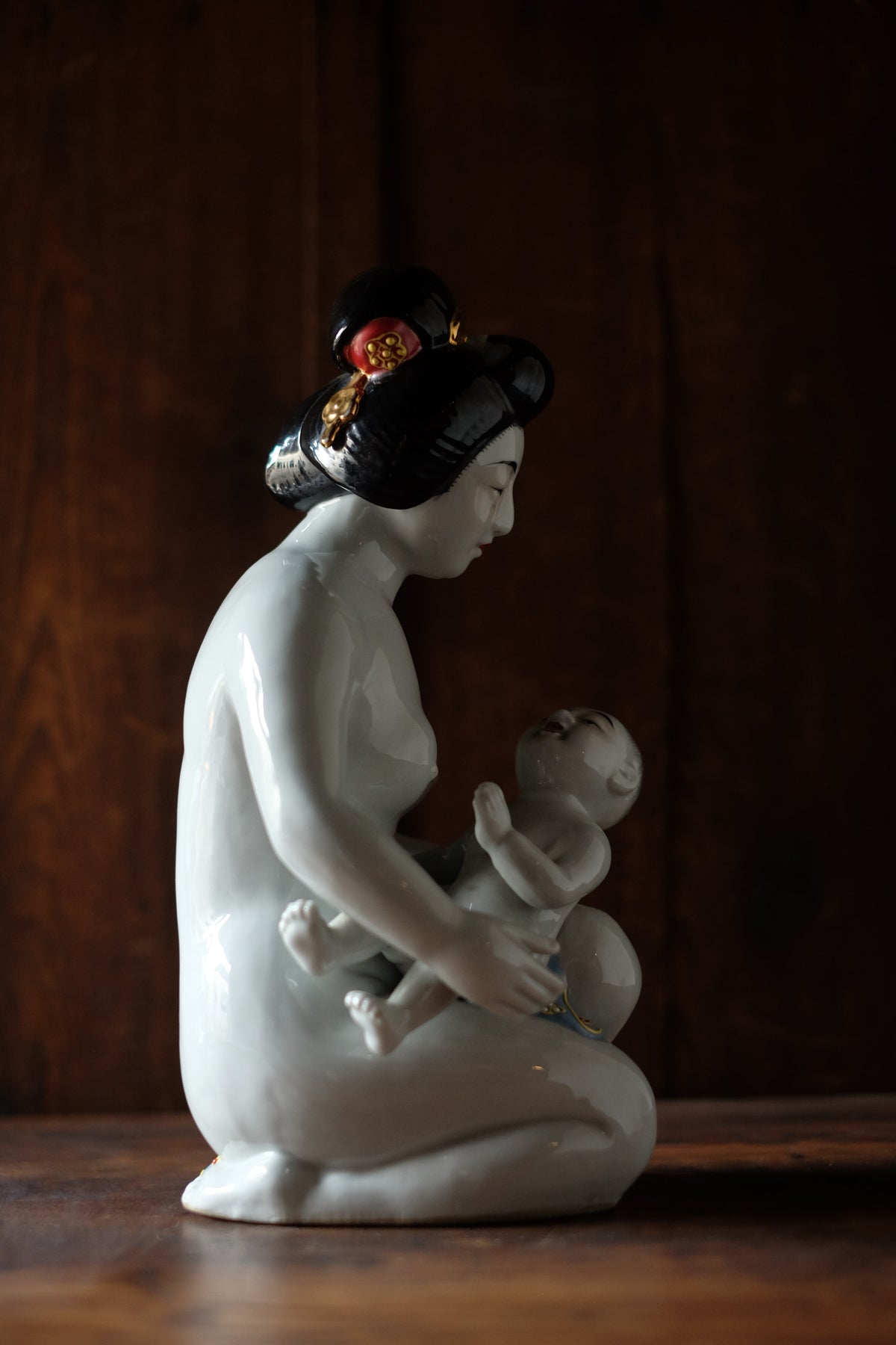 Vintage Japanese Kutani Bijin Mother and Child Porcelain Okimono | Nursing Mother Figurine
