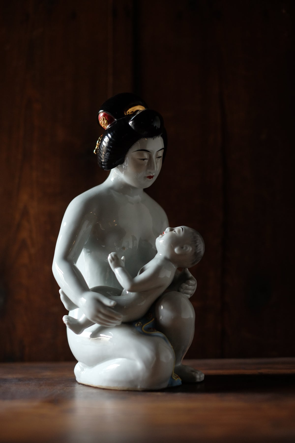 Vintage Japanese Kutani Bijin Mother and Child Porcelain Okimono | Nursing Mother Figurine