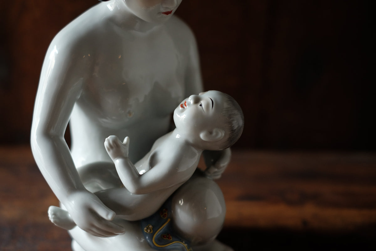 Vintage Japanese Kutani Bijin Mother and Child Porcelain Okimono | Nursing Mother Figurine