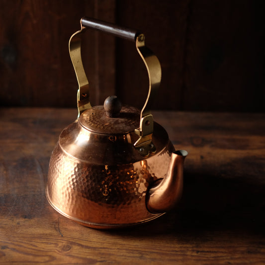 Vintage Japanese Hammered Copper Yakan Kettle | Tsuchime Tea Kettle with Wood Handle | Retro Japanese Kitchenware