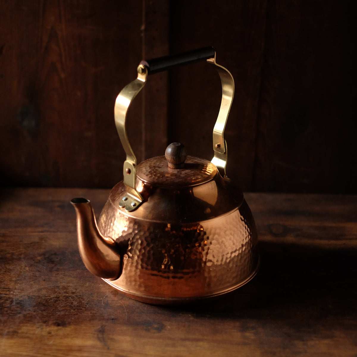 Vintage Japanese Hammered Copper Yakan Kettle | Tsuchime Tea Kettle with Wood Handle | Retro Japanese Kitchenware