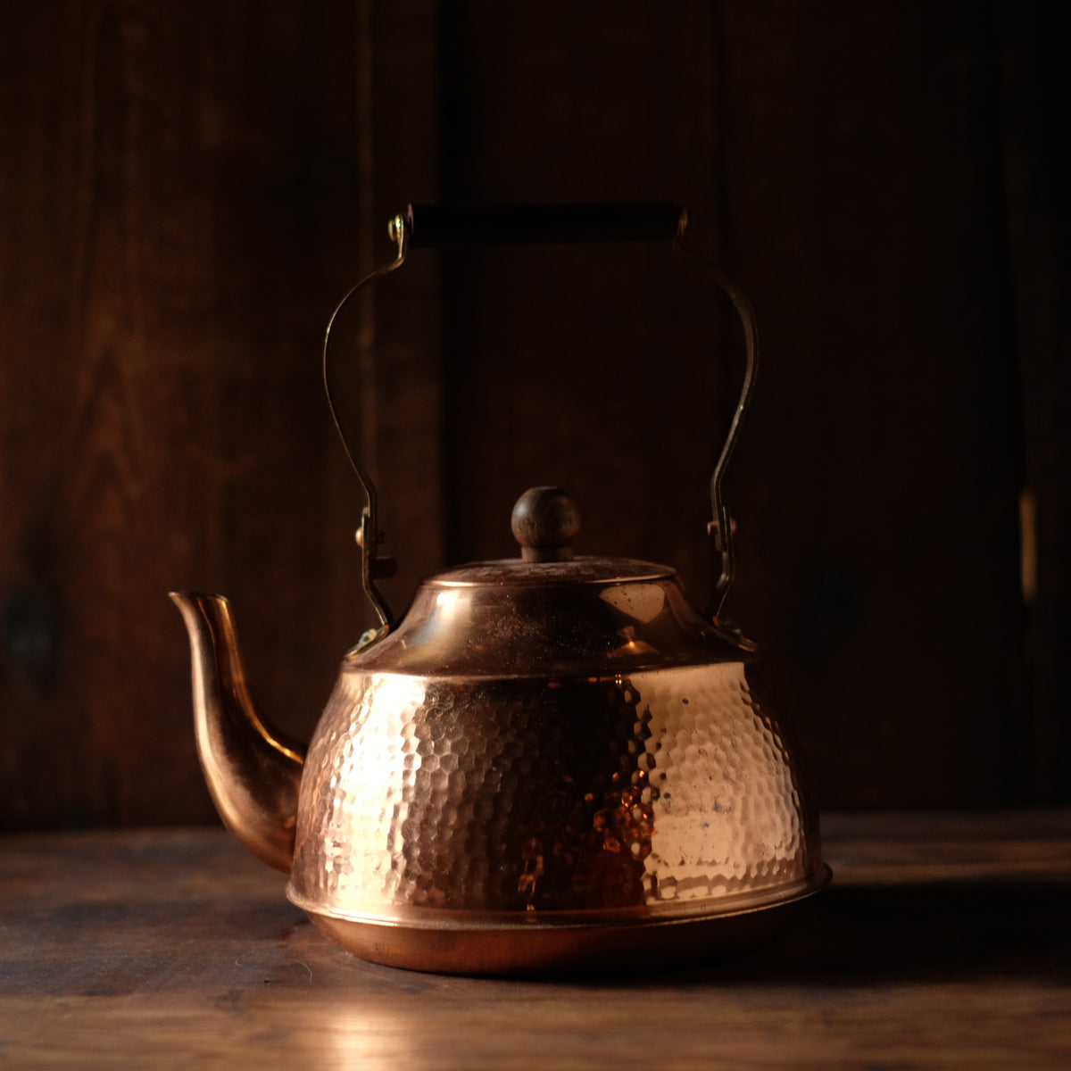 Vintage Japanese Hammered Copper Yakan Kettle | Tsuchime Tea Kettle with Wood Handle | Retro Japanese Kitchenware