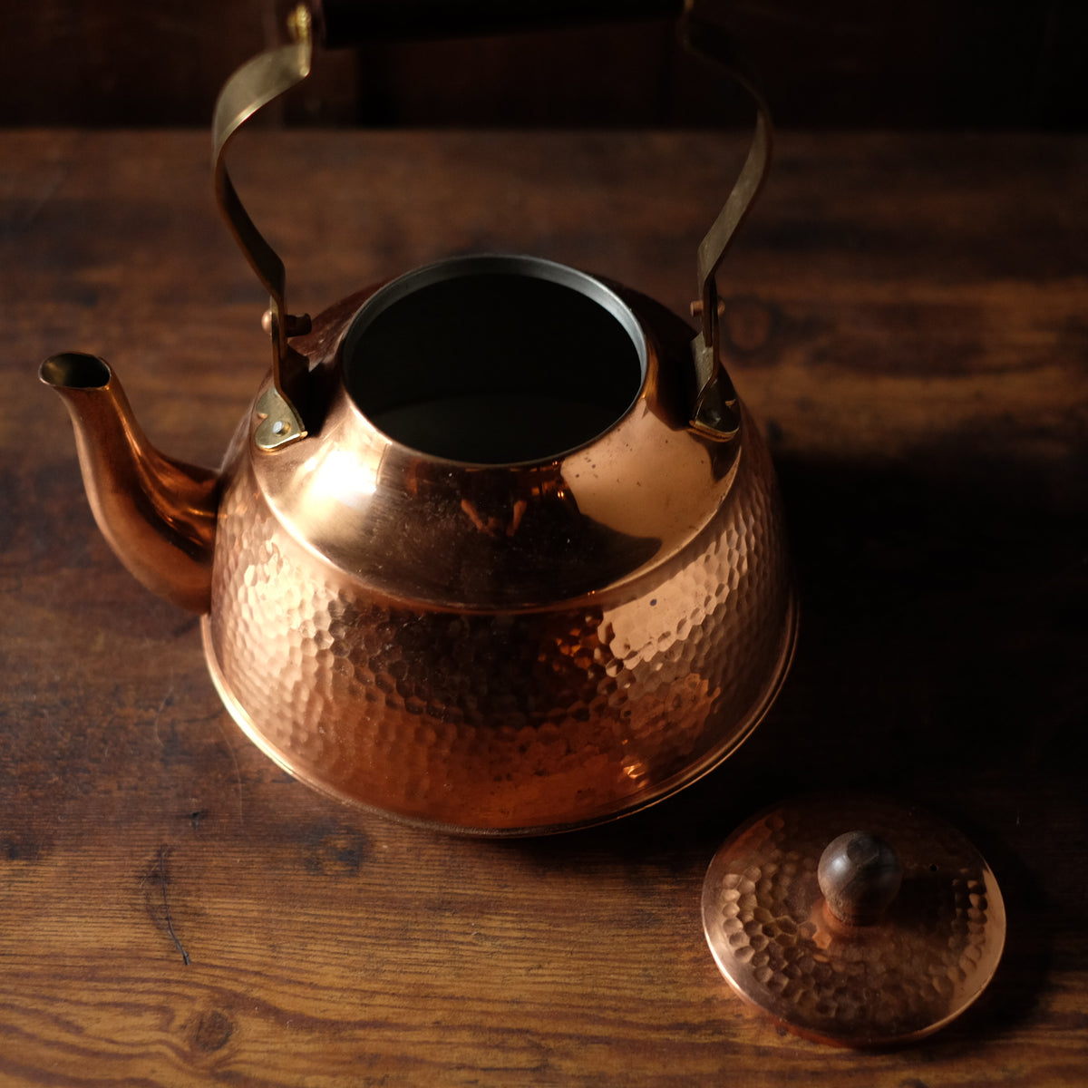 Vintage Japanese Hammered Copper Yakan Kettle | Tsuchime Tea Kettle with Wood Handle | Retro Japanese Kitchenware