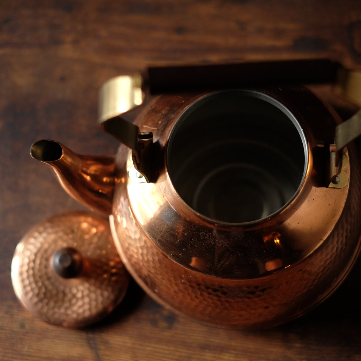 Vintage Japanese Hammered Copper Yakan Kettle | Tsuchime Tea Kettle with Wood Handle | Retro Japanese Kitchenware