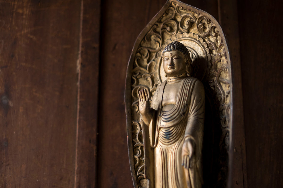 Vintage Japanese Shaka Nyorai Gilt Wood Buddha Statue with Mandorla | 49 cm Shakyamuni Buddhist Sculpture