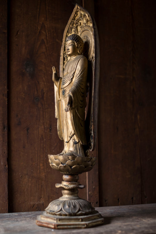 Vintage Japanese Shaka Nyorai Gilt Wood Buddha Statue with Mandorla | 49 cm Shakyamuni Buddhist Sculpture