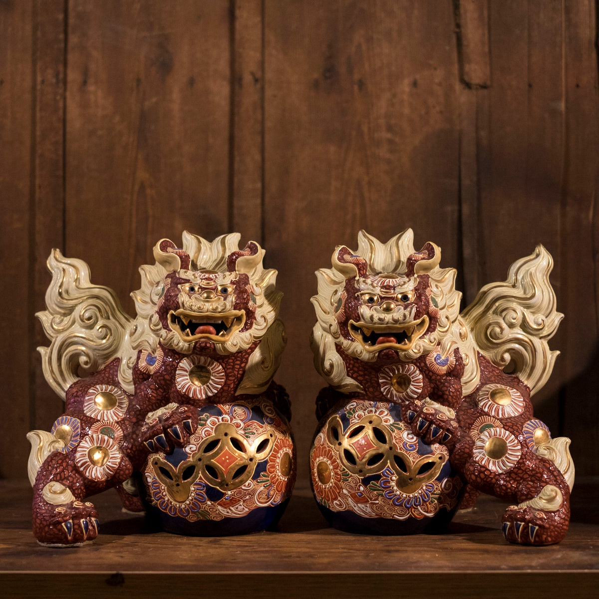 Vintage Japanese Kutani Shishi Guardian Lion Pair with Pierced Brocade Balls | Red Gold Moriage Ceramic Foo Dogs