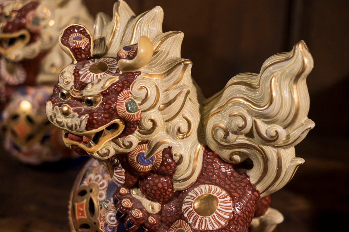Vintage Japanese Kutani Shishi Guardian Lion Pair with Pierced Brocade Balls | Red Gold Moriage Ceramic Foo Dogs