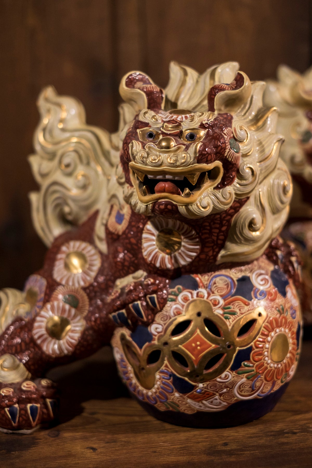 Vintage Japanese Kutani Shishi Guardian Lion Pair with Pierced Brocade Balls | Red Gold Moriage Ceramic Foo Dogs