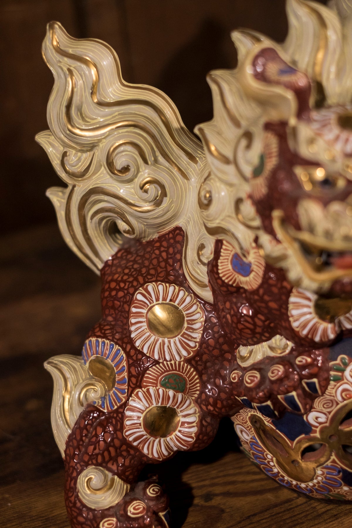 Vintage Japanese Kutani Shishi Guardian Lion Pair with Pierced Brocade Balls | Red Gold Moriage Ceramic Foo Dogs