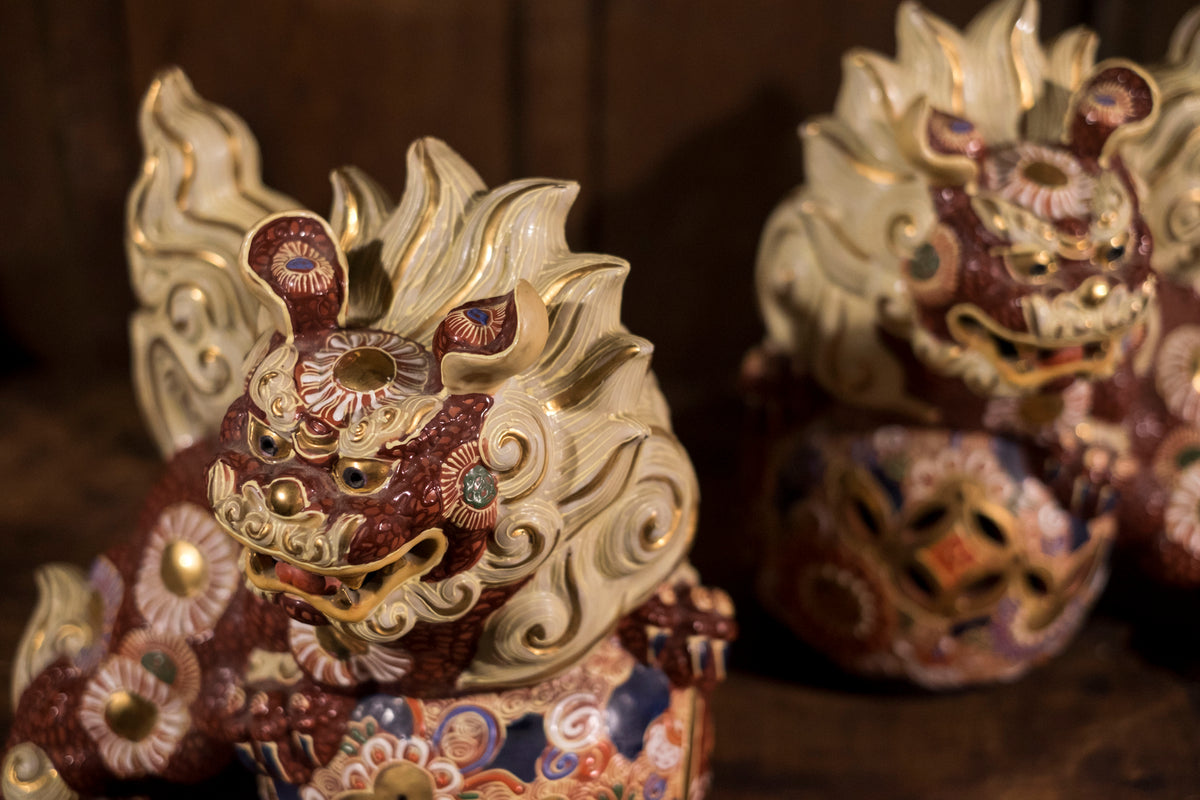 Vintage Japanese Kutani Shishi Guardian Lion Pair with Pierced Brocade Balls | Red Gold Moriage Ceramic Foo Dogs
