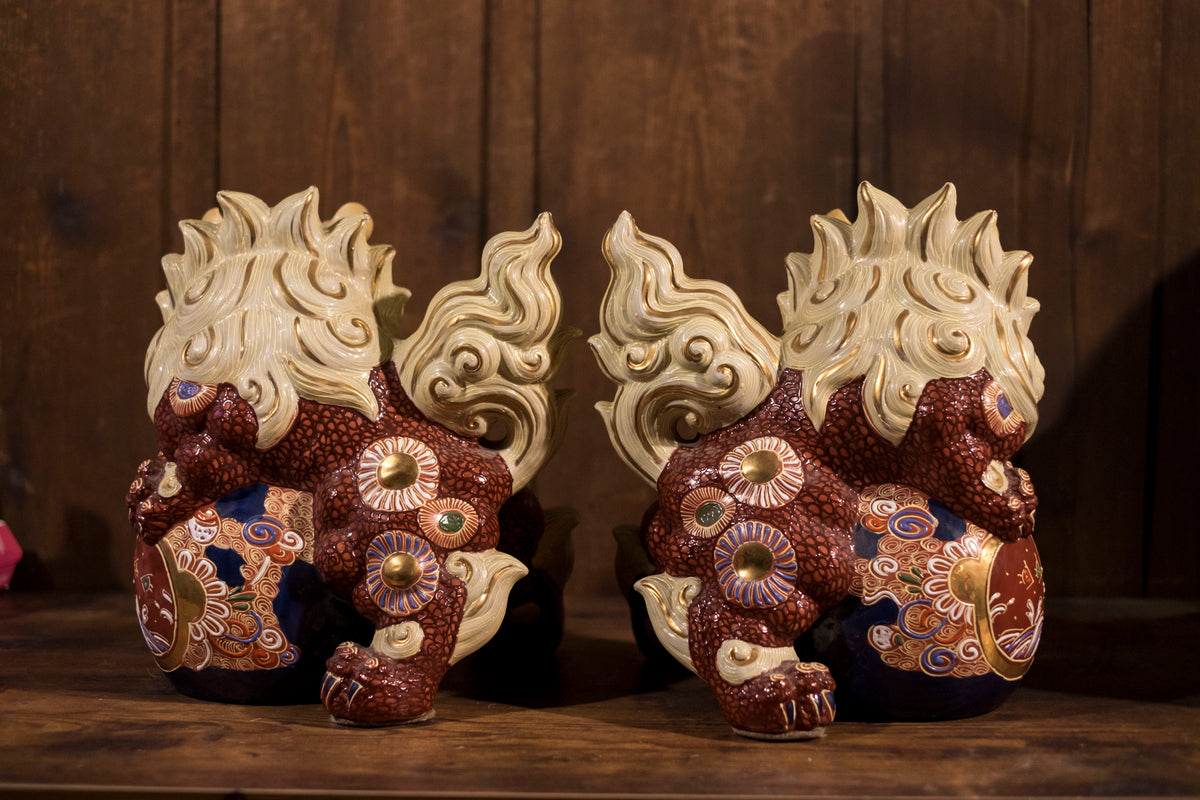 Vintage Japanese Kutani Shishi Guardian Lion Pair with Pierced Brocade Balls | Red Gold Moriage Ceramic Foo Dogs