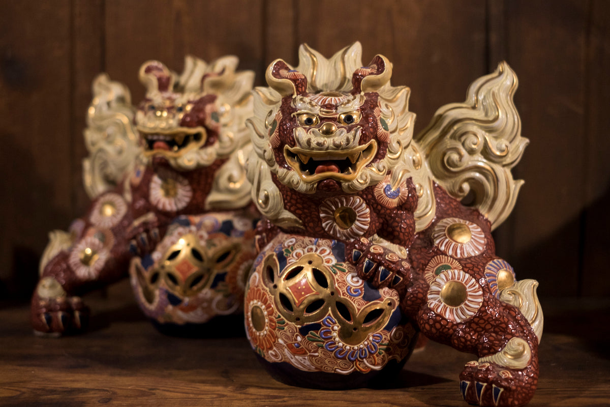 Vintage Japanese Kutani Shishi Guardian Lion Pair with Pierced Brocade Balls | Red Gold Moriage Ceramic Foo Dogs
