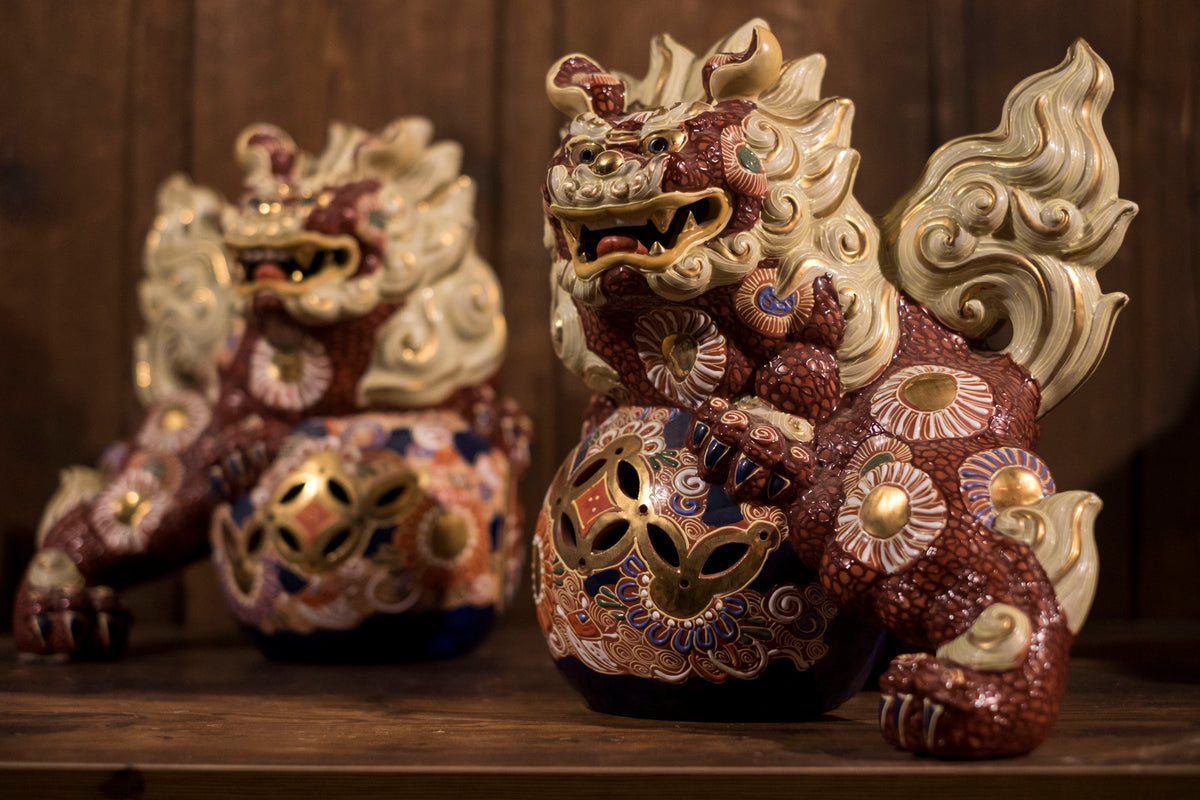 Vintage Japanese Kutani Shishi Guardian Lion Pair with Pierced Brocade Balls | Red Gold Moriage Ceramic Foo Dogs