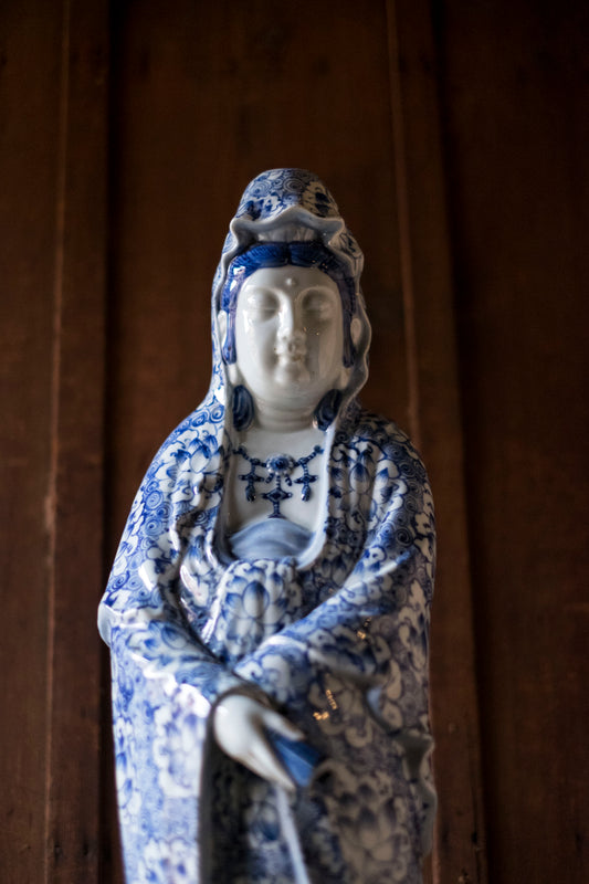 Vintage Japanese Kutani Kannon Porcelain Statue | Blue White Lotus Buddhist Bodhisattva Sculpture